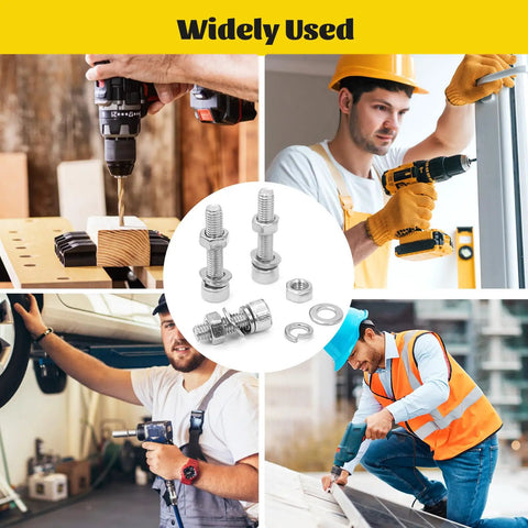 Collage showing 1220Pcs Metric Screws Assortment Kit M3 M4 M5 M6 used in various DIY projects, including drilling and assembly.