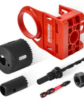 Door Lock Installation Kit For Wooden Doors With Guide Template And Carbon Steel Hole Saw Set, Includes Three Eighths Inch Triangle Shank Arbor, One Inch And Two And One Eighth Inch Hole Saws, Red Finish.
