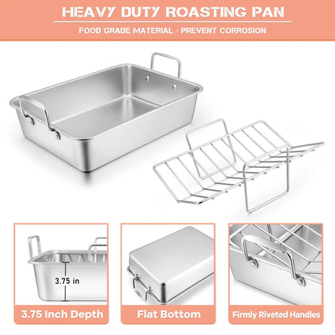 Big Turkey Roasting Pan With V Shaped Rack Stainless Steel Roaster Pan 16x11.5Inch Heavy Duty For Turkey Chicken Vegetables Lasagna Dishwasher Safe