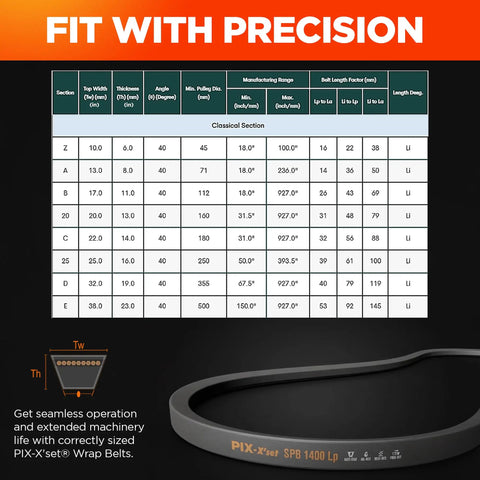 Heavy Duty Rubber Drive Belt For Industrial Machinery And Generators Wrapped Construction V Belt B/5L Section 21/32 X 132 Inch OC Built Rough And Ready A Real Workhorse For Compressors Pumps Crushers Blowers Rolling Mills And More with size chart and PIX-X'set SPB 1400 Lp