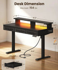 Electric Standing Desk With Three Wooden Drawers, 48 Inch Wide Height Adjustable Sit Stand Desk With Built In Power Outlets And LED Lights, Black Monitor Stand For Your Home Office, Study And Creative Workstations shown with dimensions and weight capacity.