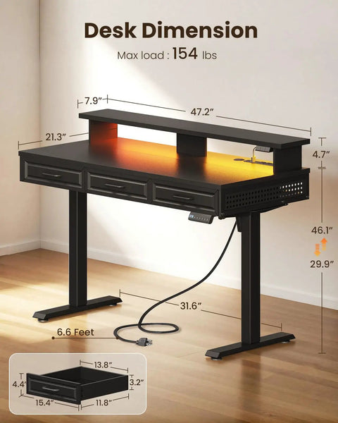 Electric Standing Desk With Three Wooden Drawers, 48 Inch Wide Height Adjustable Sit Stand Desk With Built In Power Outlets And LED Lights, Black Monitor Stand For Your Home Office, Study And Creative Workstations shown with dimensions and weight capacity.