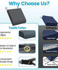 Comparison of TasticTotes patio chair cushions and other brands, highlighting ergonomic edges, UV resistance, and buckle strap features.