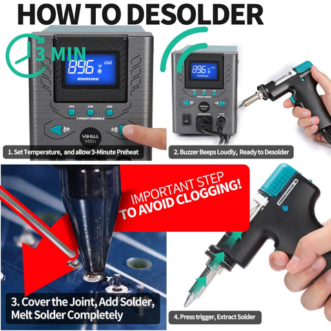 High Power 110W Desoldering Station with ESD Safe Build, displaying steps for fast desoldering of multilayer PCBs