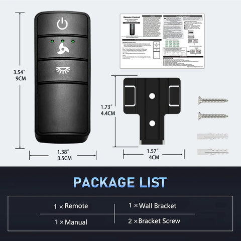 Ceiling Fan Remote Control Replacement For Hampton Bay And Home Decorators Collection Fans, 3 Speed Settings With Light Dimmer, Time Delay, Remote Only, 304.25MHz, Super Easy Install package list with remote, wall bracket, manual, and screws.