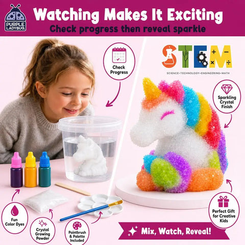Grow Your Own Unicorn Crystal With This Hands On STEM Kit For Kids Ages 8 12 A Fun Screen Free Science Craft That Merges Science And Art, crystal unicorn kit with dye bottles and child