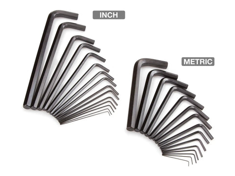 Hex Key Wrench Set 30-Piece Long And Short Pattern Kit With Inch And Metric Sizes 0.028 To 3/8 In And 0.7 To 10 mm on white background