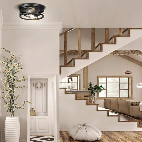 Two Pack Black Farmhouse Flush Mount Ceiling Lights With Industrial Vintage Metal Cage Design in a rustic living room.