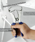 Hand holding spring loaded pliers from 20 Piece Stainless Steel Miter Spring Clamps Kit With Spring Loaded Pliers For Woodworking Picture Frames And Wood Trim Moldings Built Tough Rust Resistant Heavy Duty Clamping For Crafts Boss Grade Quality