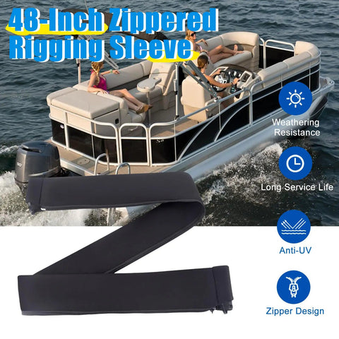 48 Inch Zippered Rigging Sleeve With Marine Cable Boot Diameter 4 And 2 Fifths Inches Universal Fit Yacht Cable Management Kit Waterproof Durable Shield For Steering And Electrical Cables On Boats shown on a yacht in water.