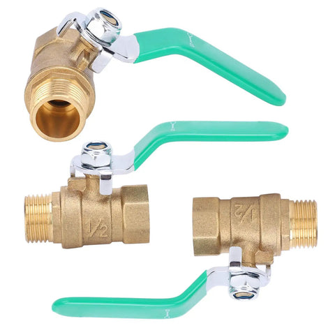 Top Shelf One Half Inch Premium Brass Ball Valve For Hot And Cold Water Piping Systems Built Damn Tough For Indoor Natural Gas And No Fuss DIY Home Upgrades Corrosion Resistant Quick Shut Off Design, showcasing three brass valves with green handles.