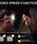Man demonstrating long press function on Rechargeable Headlamp Flashlights 3 Pack, 2000 Lumen LED Headlights With Red Light, Waterproof
