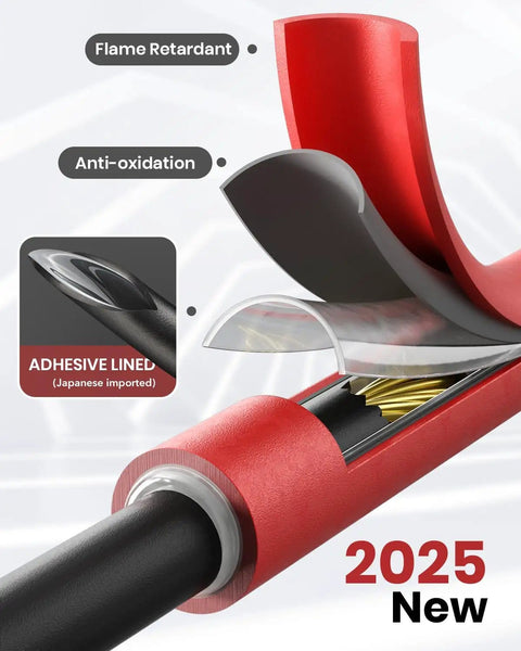 Cross-section of 4 To 1 Heat Shrink Tubing Kit with 400-piece adhesive-lined tubing for wire harnesses in red, flame retardant.