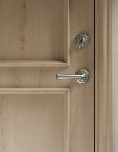 Hella Sturdy Solid Brass Smart Deadbolt With Slick Bluetooth Plus WiFi Enabled Keyless Entry Digital Door Lock In Lifetime Satin Nickel Finish on a wooden door.