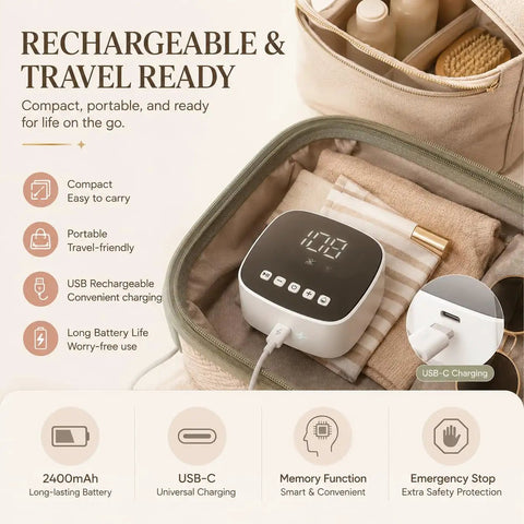Electric Enema Kit With Dual Nozzles And 100 Level Pressure Control in a travel bag with USB-C charging cable.