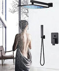 No Sweat Thermostatic Shower Faucet Kit With Led Rainfall Head And Handheld Body Massager For A Top Shelf Bathroom Fixture in use.