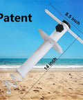 Heavy Duty Beach Umbrella Sand Anchor Ground Screw Auger With Carry Bag Universal Fit For High Winds And Sun Protection Keeps Umbrella From Blowing Away Metal Construction White on sandy beach background showing dimensions.
