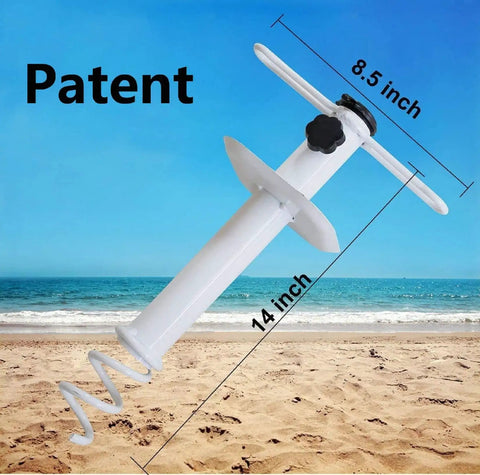 Heavy Duty Beach Umbrella Sand Anchor Ground Screw Auger With Carry Bag Universal Fit For High Winds And Sun Protection Keeps Umbrella From Blowing Away Metal Construction White on sandy beach background showing dimensions.