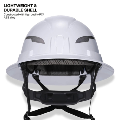 Front view of Type 2 Non Vented Full Brim Hard Hat With Chin Strap Class E Protection Up To 20kV Six Point Suspension