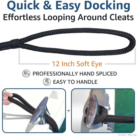 Half Inch Boat Dock Lines Fifteen Foot Nylon Rope With Twelve Inch Loop Double Braided Marine Grade Mooring Lines For Easy Docking Tough As Nails