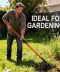 Man using Beefy Heavy Duty Garden Hoe With 58 Inch Fiberglass Handle to weed garden, showcasing its long reach and sturdy design.