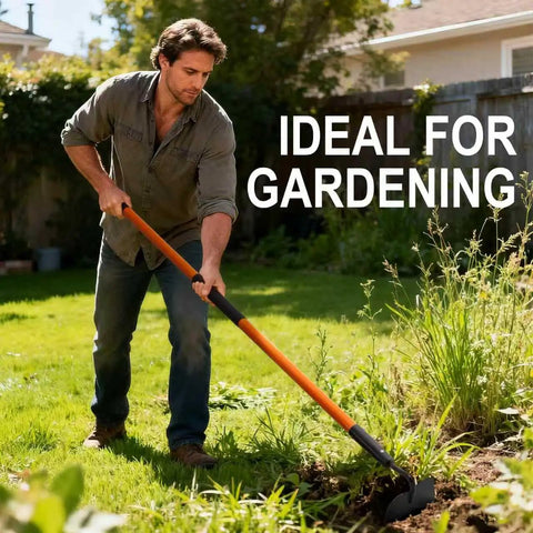 Man using Beefy Heavy Duty Garden Hoe With 58 Inch Fiberglass Handle to weed garden, showcasing its long reach and sturdy design.