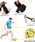 Hand Free Soccer Kick Trainer Solo Juggling Ball With Secure Lock Design For Crushing Ball Control and Precision Shooting Drills showing adjustable elastic belt and detachable hook.