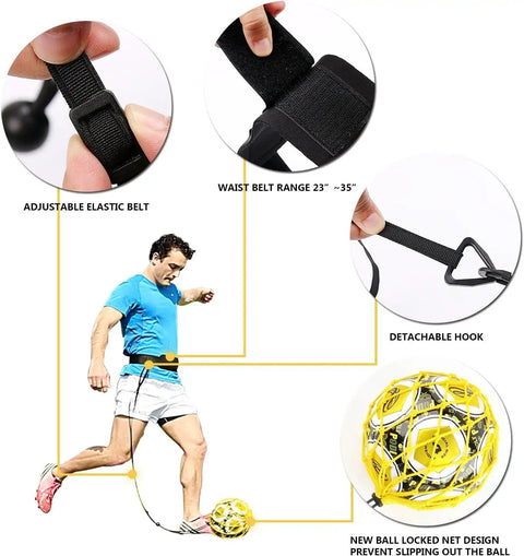 Hand Free Soccer Kick Trainer Solo Juggling Ball With Secure Lock Design For Crushing Ball Control and Precision Shooting Drills showing adjustable elastic belt and detachable hook.