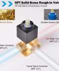 NPT brass valve showing hot and cold water connections for Matte Black Waterfall Wall Mount Faucet For Tub And Sink Brass Bath Filler Tap Wall Mounted Bathtub Filler One Half NPT Connection Easy Install Lifetime Warranty Multi Purpose Vessel Sink RV Vanity installation.