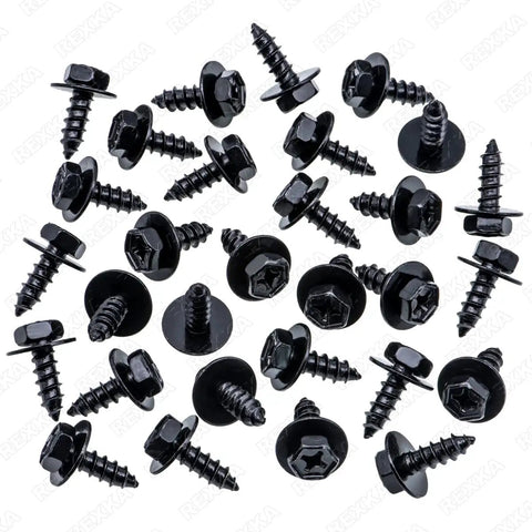 Boss 30 Piece Bumper Cover Bolt Kit For Toyota And Lexus Models 90159-60498 RAV4 Avalon Camry Highlander Prius ES300h GS350 Black E Coat Hex Head Screws For Mud Guard Splash Shield shown.