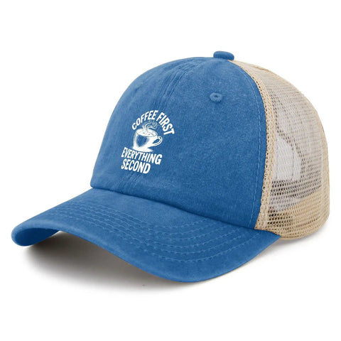 First Coffee Then Everything Second Mens Trucker Hat For Outdoor Adventures Lightweight Breathable Cap Ideal For Running Hiking Cycling Walking And Baseball Games With Comfortable Secure Fit