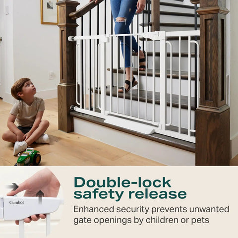 Extra Wide Baby Gate For Stairs And Doorways 57 Inch Extended White Walk Through Safety Gate for Kids and Pets with double-lock feature