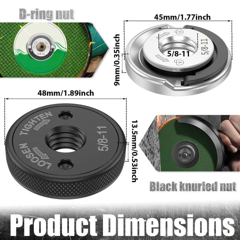 Dual Nut Set For Angle Grinders Five Eighths Inch By Eleven Threads Per Inch Quick Release Pro Grade Locking Kit dimensions