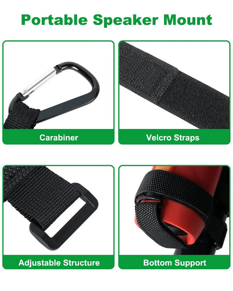 Rugged Portable Speaker Mount With Waterproof Strap For Bluetooth Speakers featuring carabiner, Velcro, adjustable straps, bottom support.