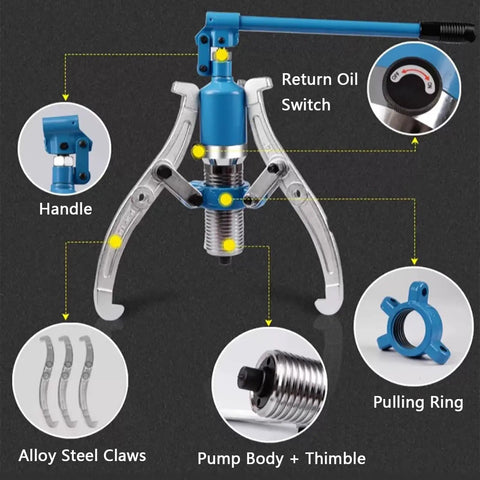 Beefy Hydraulic Gear Puller Kit With 2 And 3 Jaw Convertible Heads showing alloy steel claws and pump body details.