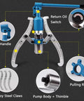 Heavy Duty Hydraulic Gear Puller Kit With Integrated Pump Cylinder For One Man Operation Producing 50 Ton Force To Yank Bearings Flywheels Pulleys No Sweat With Convertible 2 Jaw 3 Jaw Alloy Steel Claws Great For Garages Auto Repair And Workshop, blue steel jaws and handle