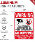 Heavy Duty No Dumping And Video Surveillance Warning Signs 2 Pack 14 X 10 Inch Reflective Aluminum Plate details and features.