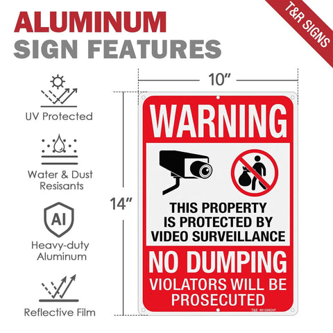 Heavy Duty No Dumping And Video Surveillance Warning Signs 2 Pack 14 X 10 Inch Reflective Aluminum Plate details and features.