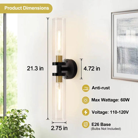 Black And Gold Wall Sconces Set Of Two With Thick Clear Glass Shades Modern Bathroom Lighting For Mirror Vanity Bedroom Hallway showing dimensions.