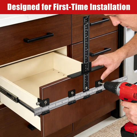 Dead Center Cabinet Hardware Jig With Built Tough Aluminum Template And Laser Etched Scales For Zero Sweat Drawer Pull Alignment and Straight Shot Kitchen Updates during installation.