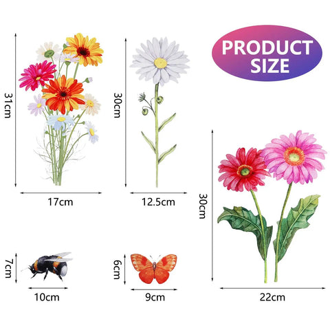 64 Pcs Flowers And Butterflies Wall Decals Peel And Stick Removable PVC Garden Murals showing size and details
