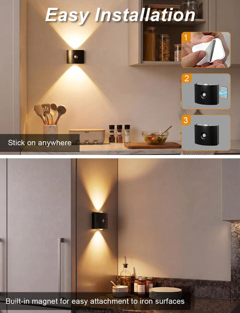 DEXULESA 2 Pack Motion Sensor Wall Light Magnetic Rechargeable Wall Sconce, black, easy installation in kitchen setting.