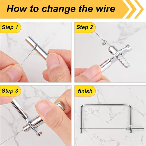 Instructions for changing wire on Heavy Duty Block Cheese Slicer Replacement Kit With Six Inch Stainless Steel Blades Brass Enhanced Handle Four Piece Set.