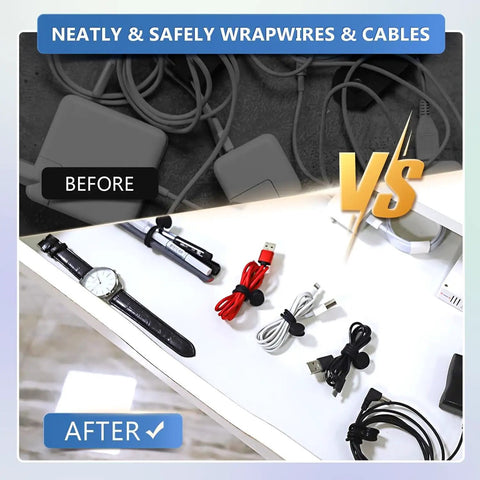 Before and after of messy wires compared to organized cables with Cord Organizer And Cable Ties Set With Super Handy Magnetic Clips.