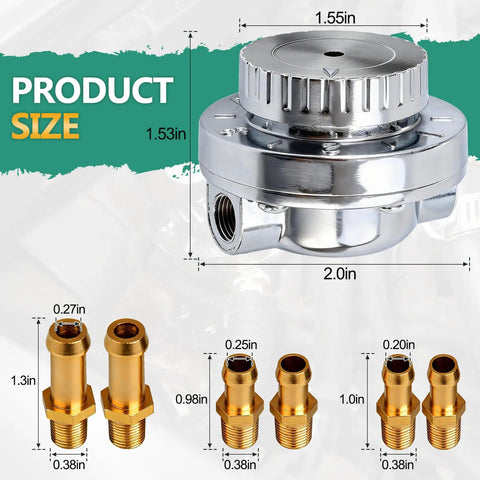 Adjustable Carb Fuel Pressure Regulator Kit 1 To 5 PSI Universal For Carbs With 1/4, 5/16, And 3/8 Fittings size dimensions