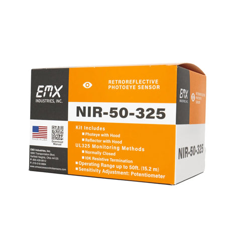 UL325 Retroreflective Photoeye Kit For Gates And Doors packaging, NIR-50-325 with 50 ft range and 10K monitored NC output.