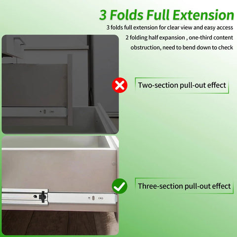 Comparison of two-section and three-section pull-out effect on Two 12 Inch Soft Close Full Extension Drawer Slides Heavy Duty Ball Bearing Rails With 100 Pound Load Capacity For Dresser Or File Cabinet Quiet Smooth Operation Easy Install.