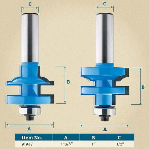 Top Shelf 1/2 Inch Carbide Router Bit Set Engineered For Quick Rail And Stile Door Frames With Tight Cope And Stick Joints, showing dimensions.