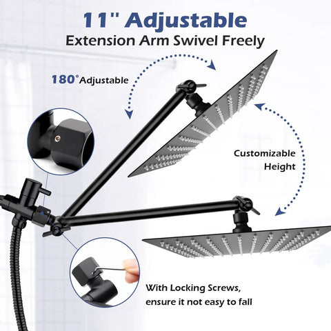 Image showing 11-inch adjustable extension arm of High Pressure Rain Shower Head With Handheld Spray Combo with customizable height feature.