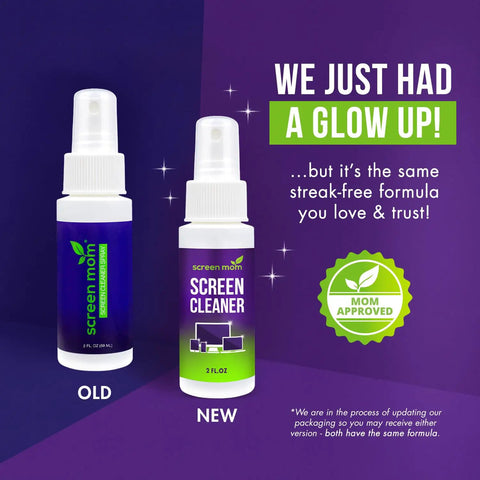 Streak Free Screen Cleaner Spray Kit With Microfiber Cloths, 2oz Bottle, old and new design comparison, mom approved